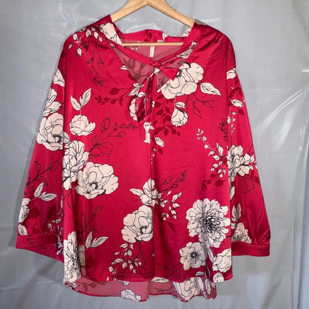 Cato Pink Floral Satin Tie Neck Blouse Plus Size 22/24W Long Sleeve Top Date